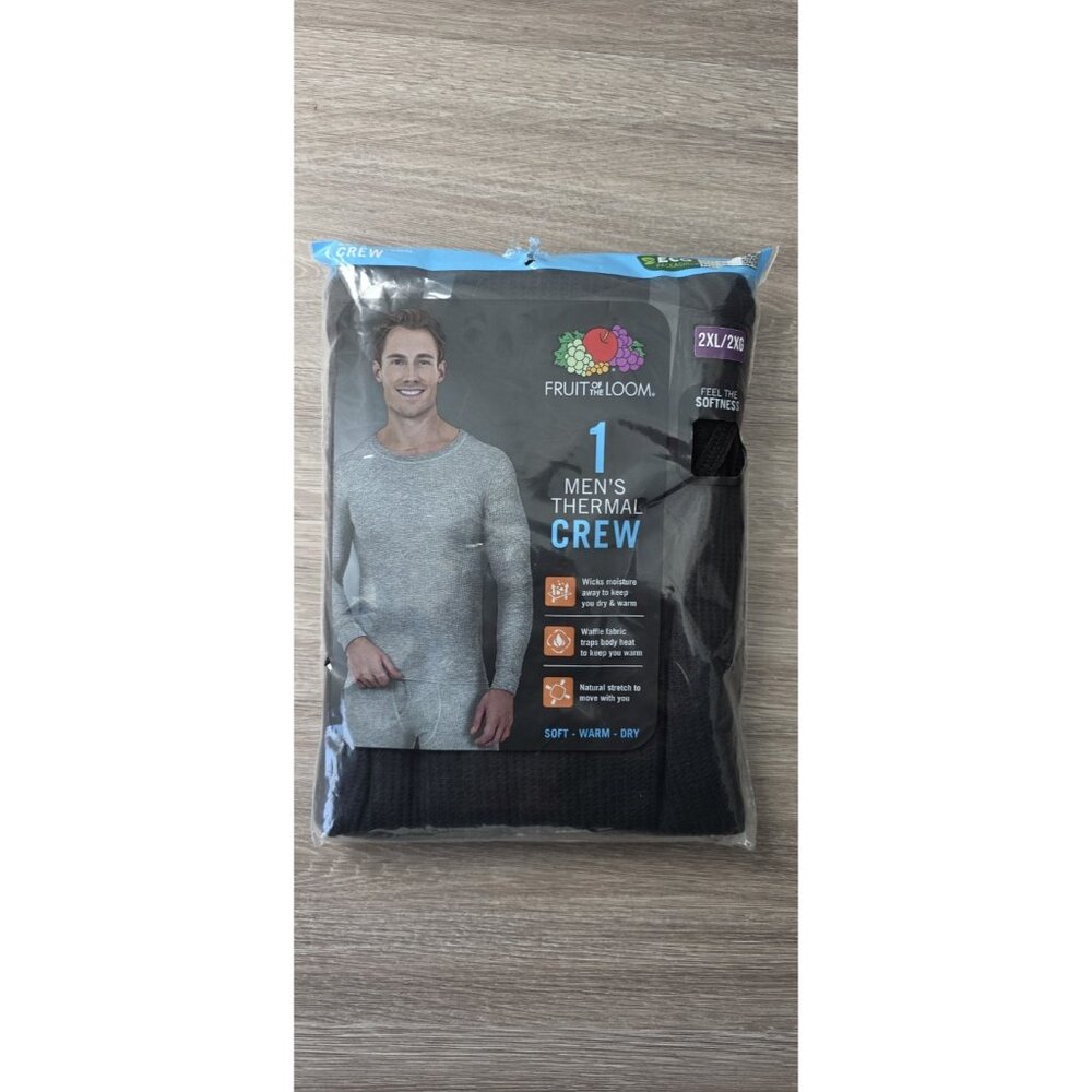 Fruit of the Loom Men's Thermal Crew 2XL Black Waffle Base Layer
